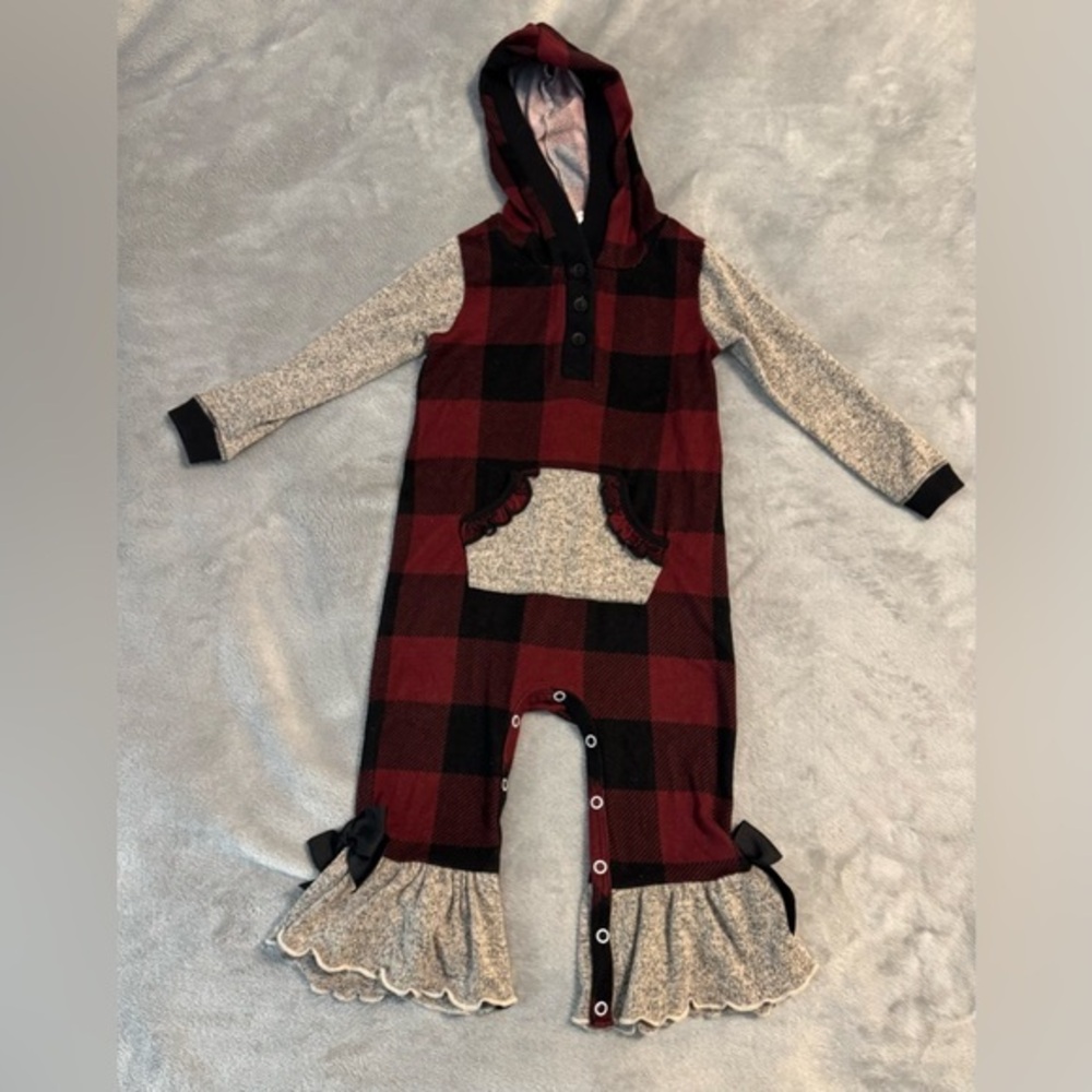 Ricrac & Ruffles Buffalo Plaid Ruffled Hooded Romper/Jumpsuit 18m